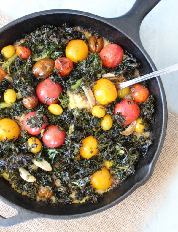 Cheesy Polenta Skillet with Roasted Kale and Tomatoes
