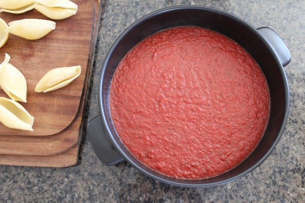 red wine tomato sauce in round baking dish