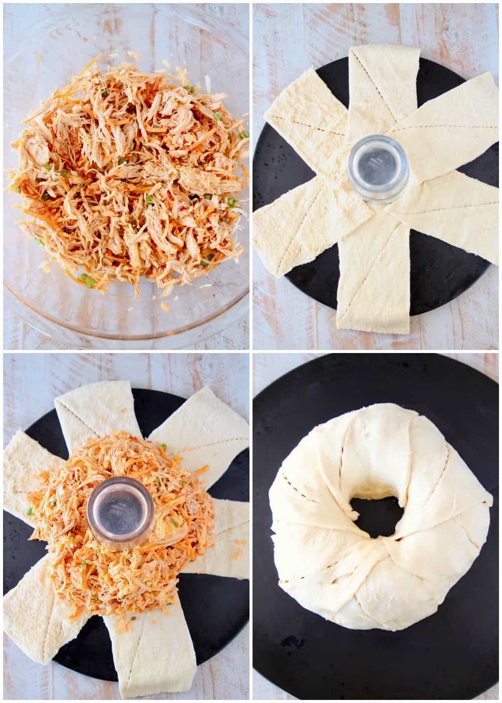 Instructional images how to make a buffalo chicken ring