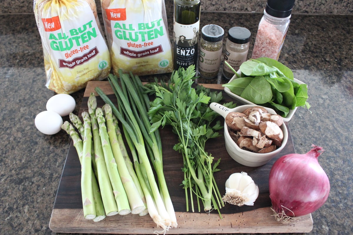 Gluten Free Vegetable Stuffing Ingredients on a wood board