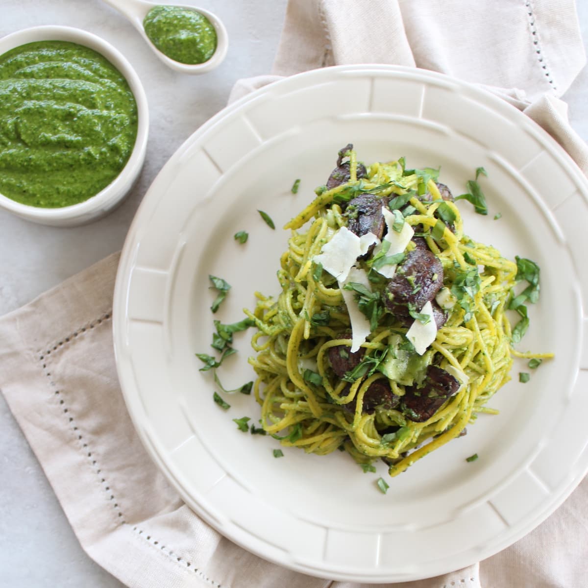 Gluten Free Mushroom Spinach Pesto Pasta