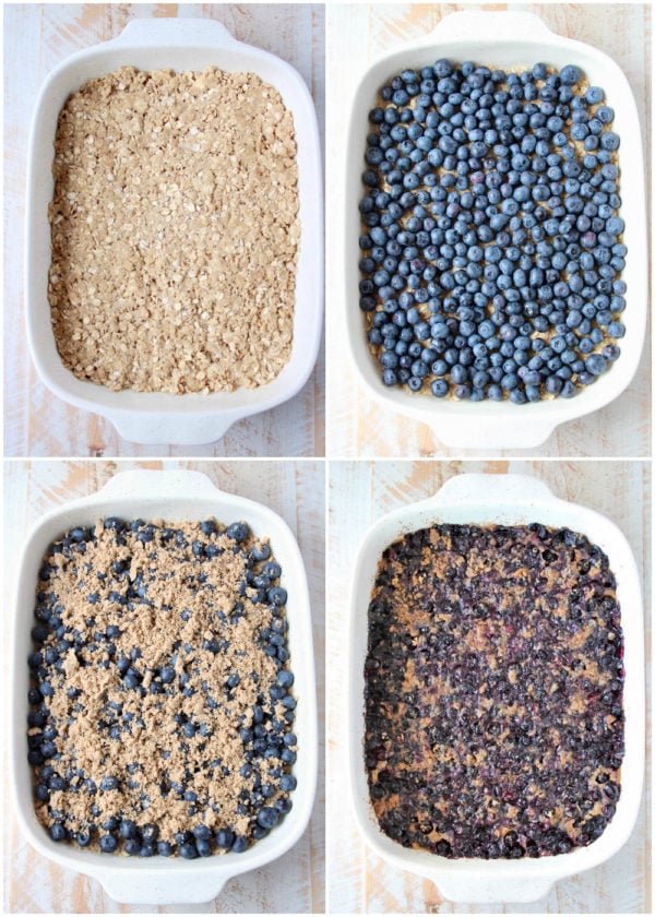 Collage of process shots of how to make homemade blueberry oatmeal bars