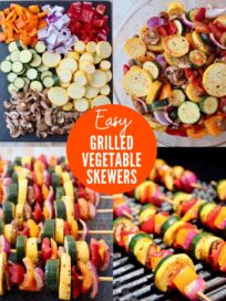 collage of images showing how to make grilled vegetable skewers