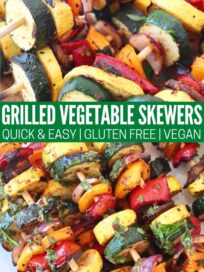 grilled vegetables on wooden skewers on white plate