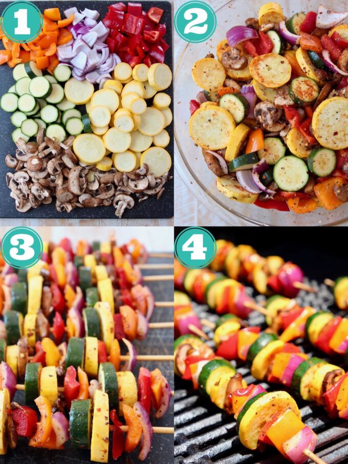 collage of images showing how to make grilled vegetable skewers