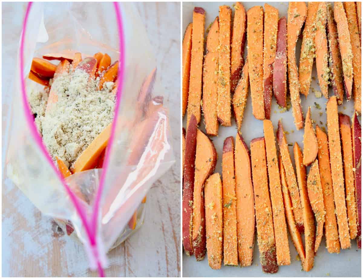 Instructional images for how to make baked sweet potato fries