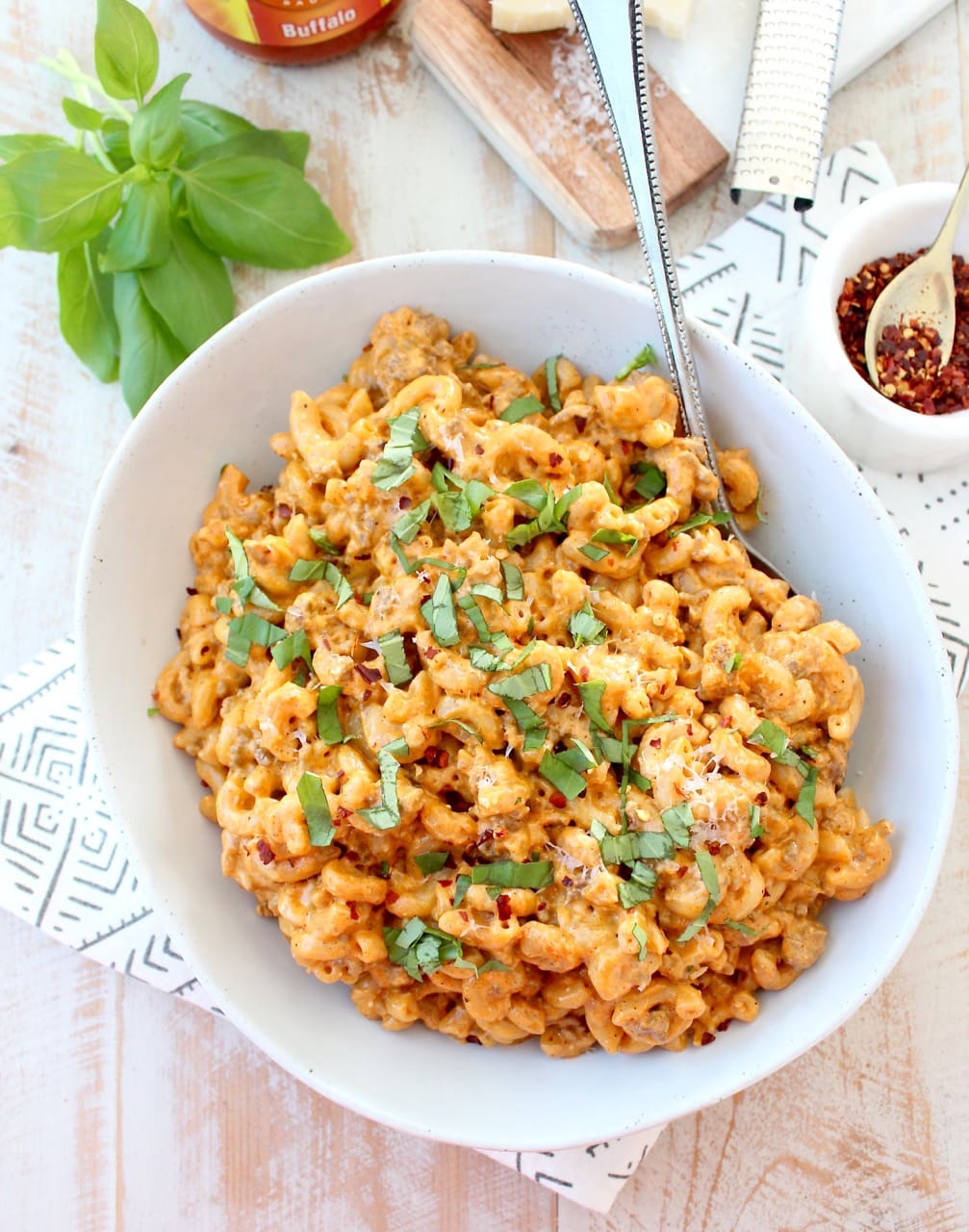 Buffalo Cheeseburger Macaroni in bowl with spoon