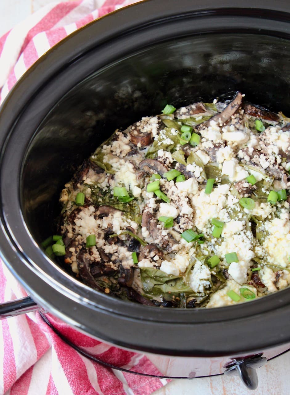 Crockpot breakfast casserole with green onions and feta cheese