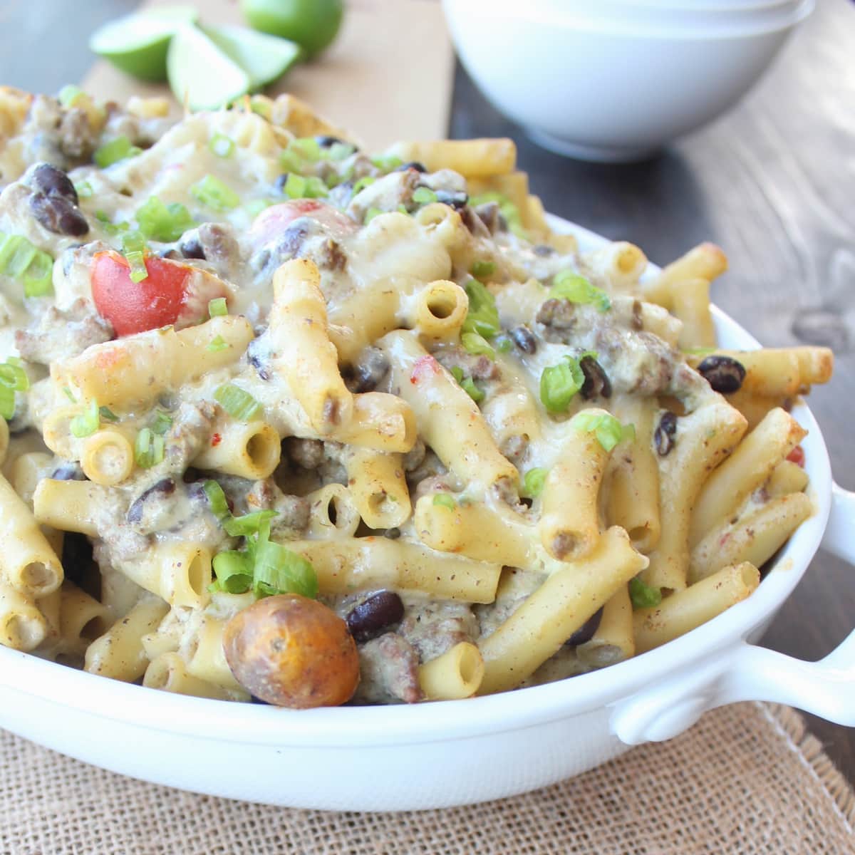 Taco Baked Ziti with Creamy Avocado Sauce