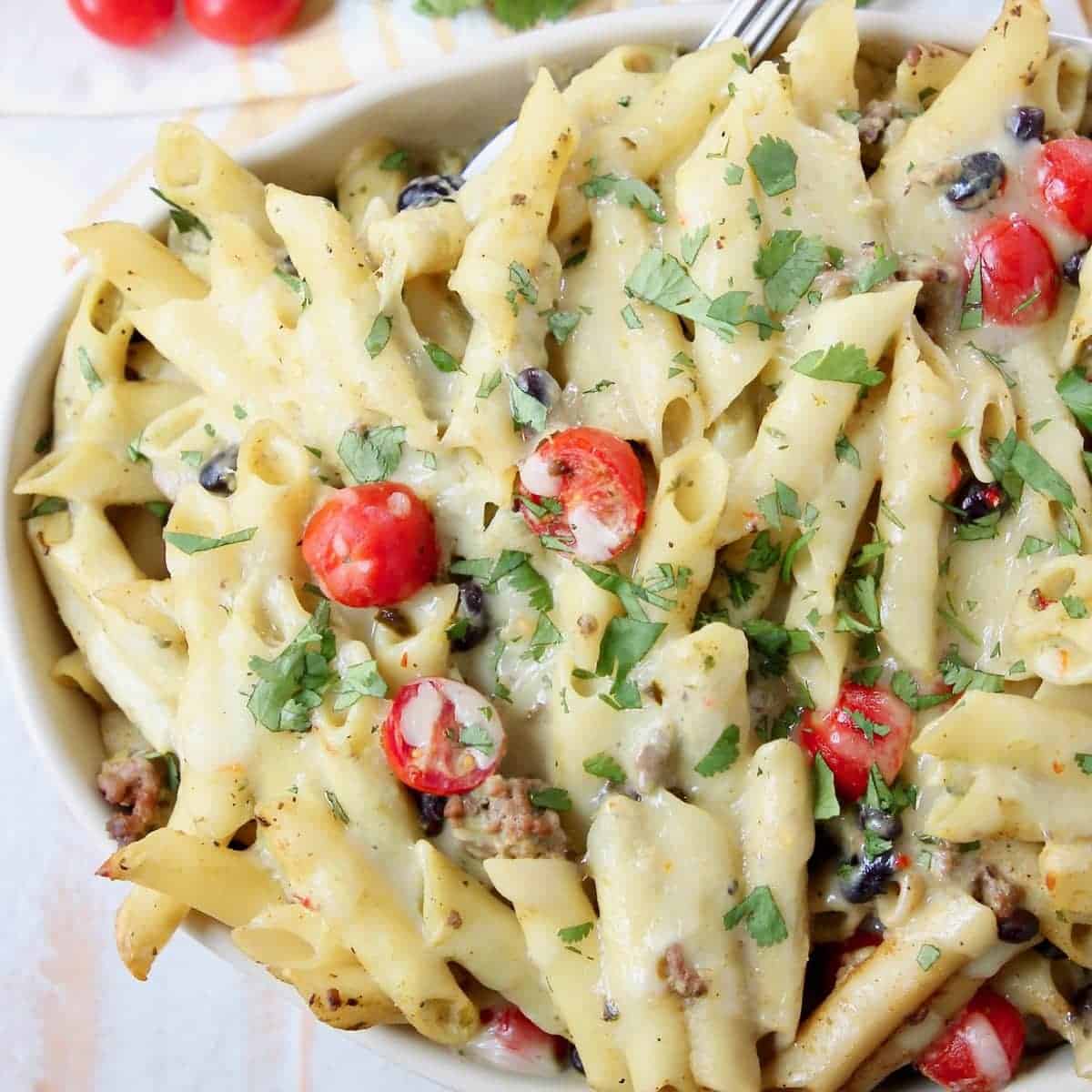 Taco Pasta Bake with Creamy Avocado Sauce 