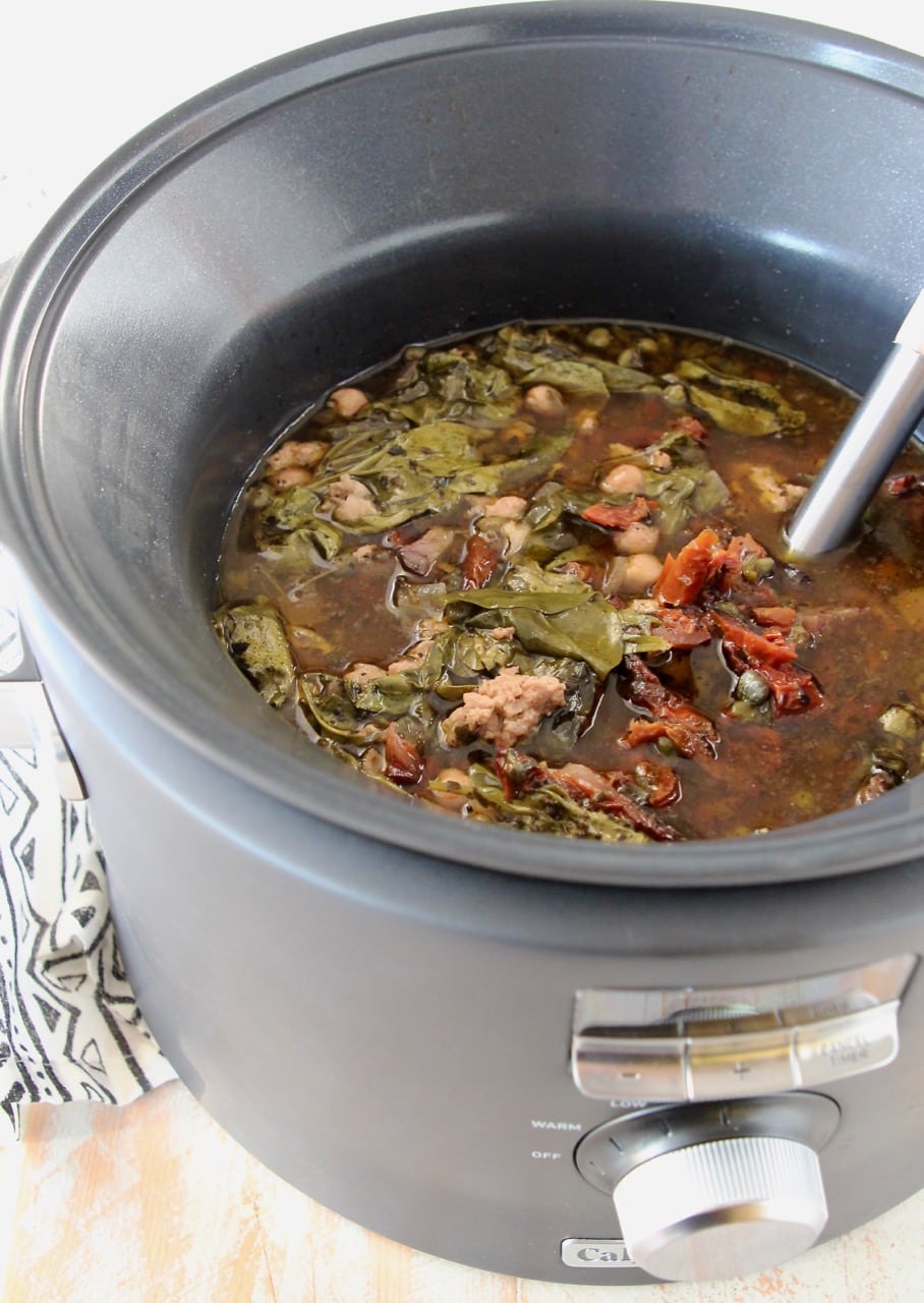 Greek turkey soup with spinach in slow cooker