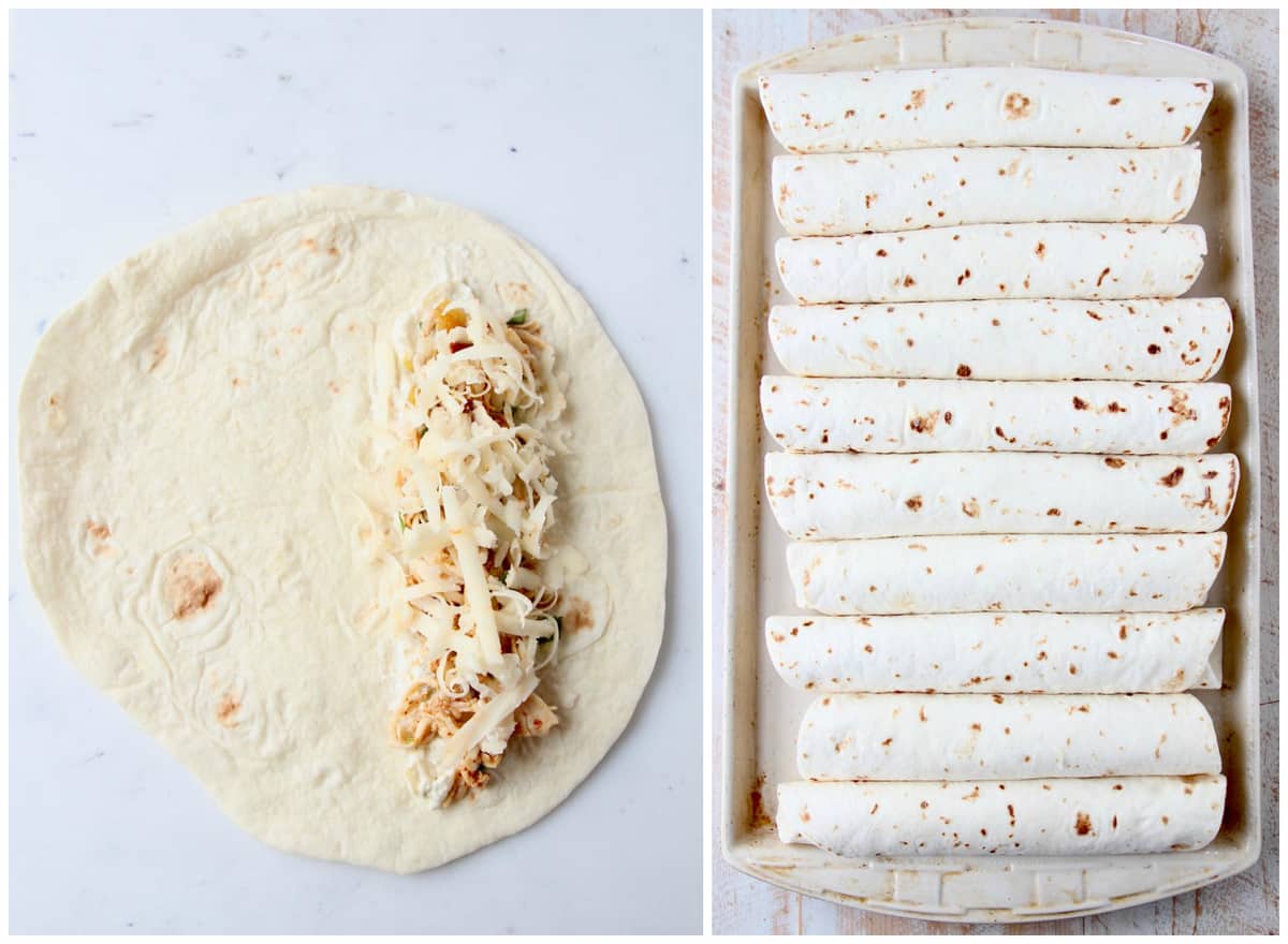 Image of a tortilla topped with cheese and chicken filling, next to an image of rolled tacos on a baking sheet