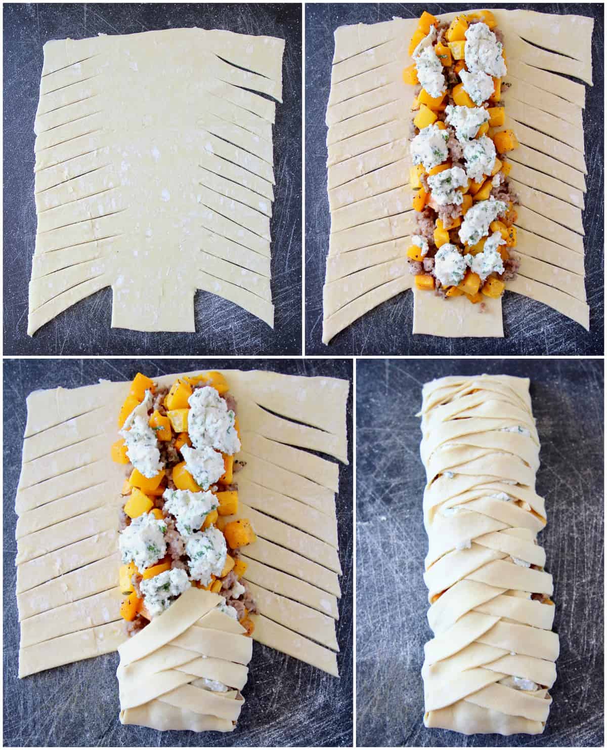instructional images for how to make a puff pastry braid