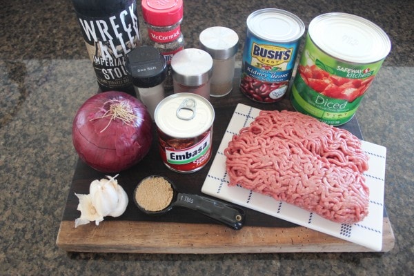 Ingredients for Chipotle Stout Chili on a cutting board. 