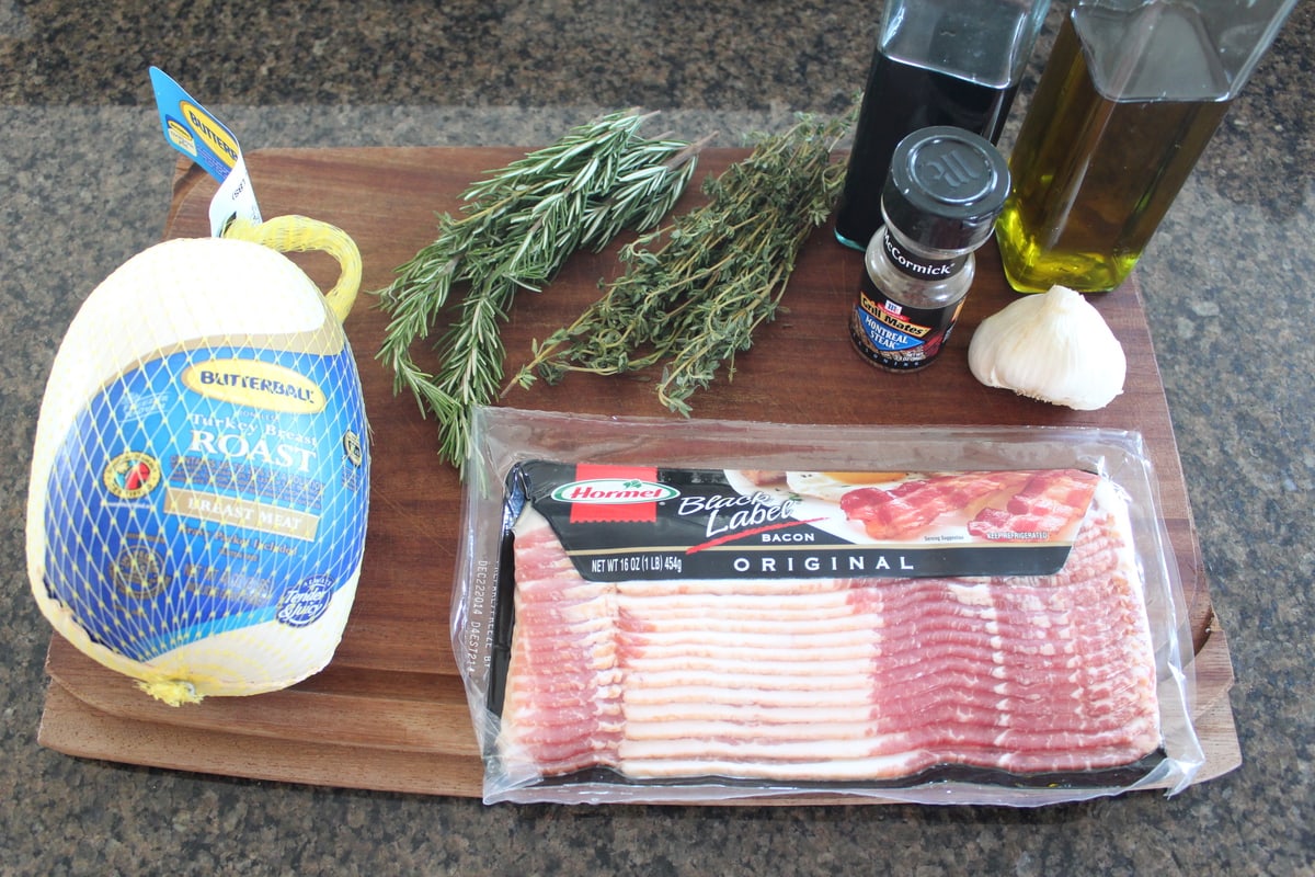 Bacon Wrapped Turkey Breast Ingredients on wood cutting board