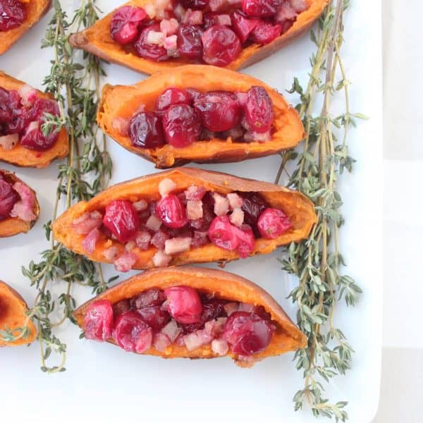 Roasted Cranberry Pancetta Sweet Potato Skins