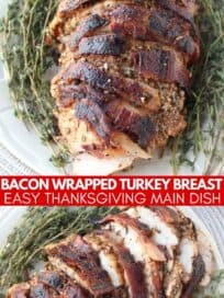 Sliced bacon wrapped turkey on plate with fresh herbs