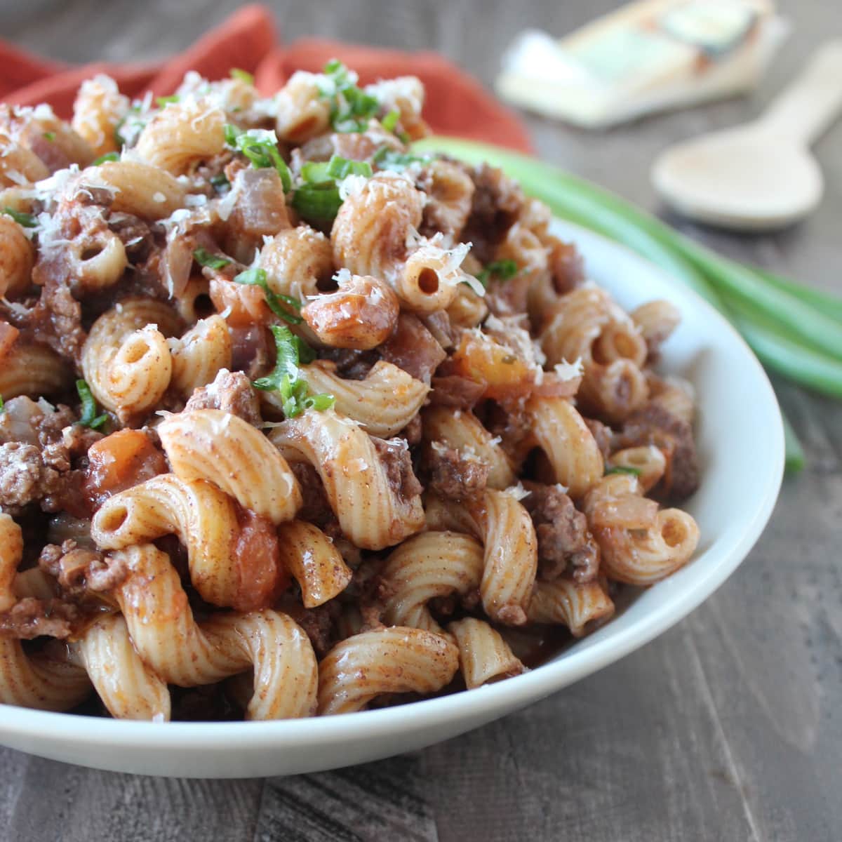 cooked ground beef and macaroni dish in a bowl