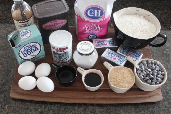 Red Velvet Brookies Ingredients on a wooden cutting board