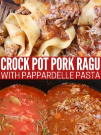 pasta tossed with pork ragu in bowl with fork and cooked pork ragu in Crock Pot
