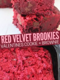 baked red velvet brookies stacked up and unbaked brookies in a baking dish