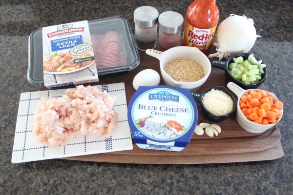 Buffalo Chicken & Pork Meatloaf Ingredients on a countertop.