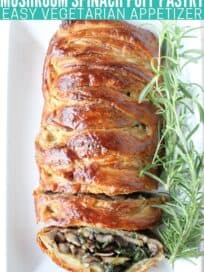 Overhead image of puff pastry sliced filled with spinach and mushrooms