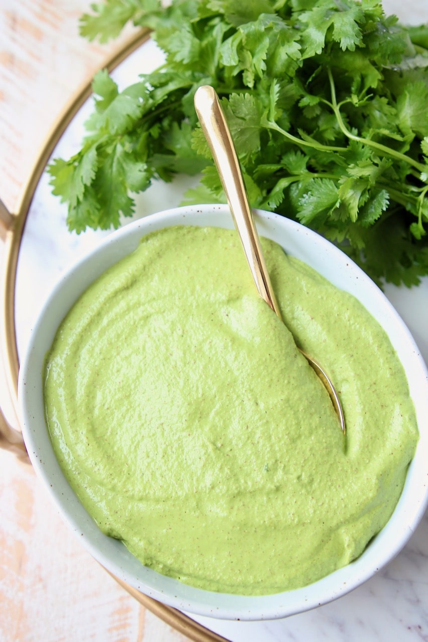 Cilantro pesto in bowl with spoon