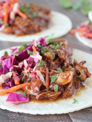 Slow Cooked Korean BBQ Chicken Tacos with Asian Slaw