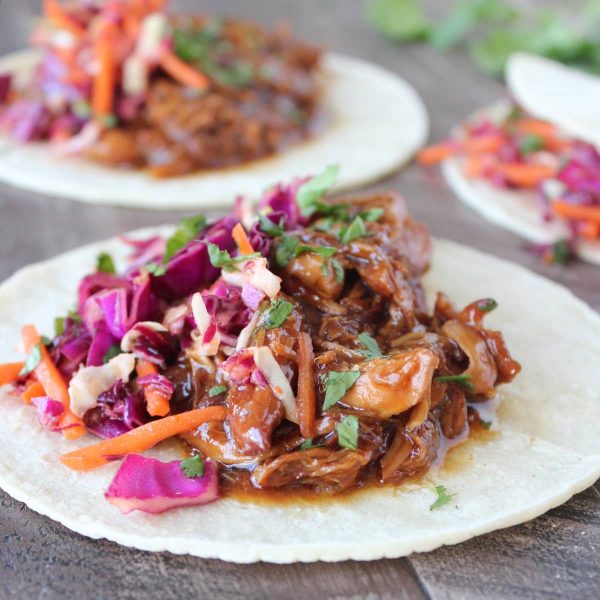 Slow Cooked Korean BBQ Chicken Tacos with Asian Slaw 