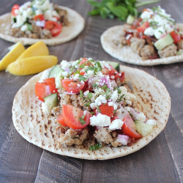 Greek turkey tacos with cucumber tomato salsa and feta cheese