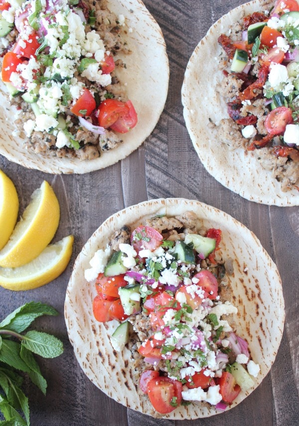 Greek Turkey Tacos with cucumber salsa, feta cheese and mint