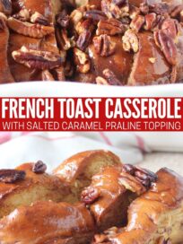 praline french toast casserole in baking dish and sliced on plate