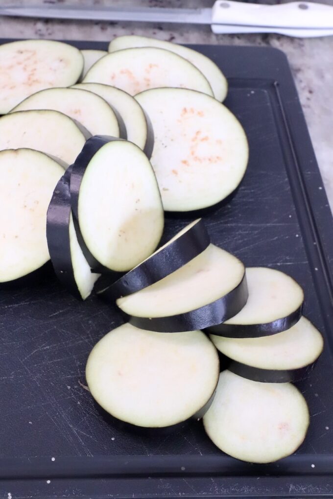 sliced eggplant on a cutting board