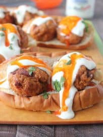 Grilled Buffalo Turkey Meatballs, blue cheese dressing & buffalo sauce make the ultimate meatball sub, perfect for an easy weeknight dinner or game day!