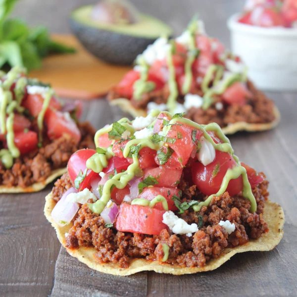 Chorizo Tostadas with Watermelon Serrano Salsa