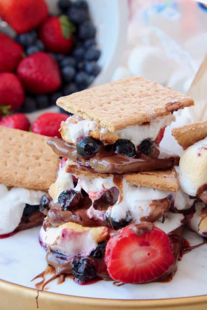 Smores with berries, stacked on top of each other