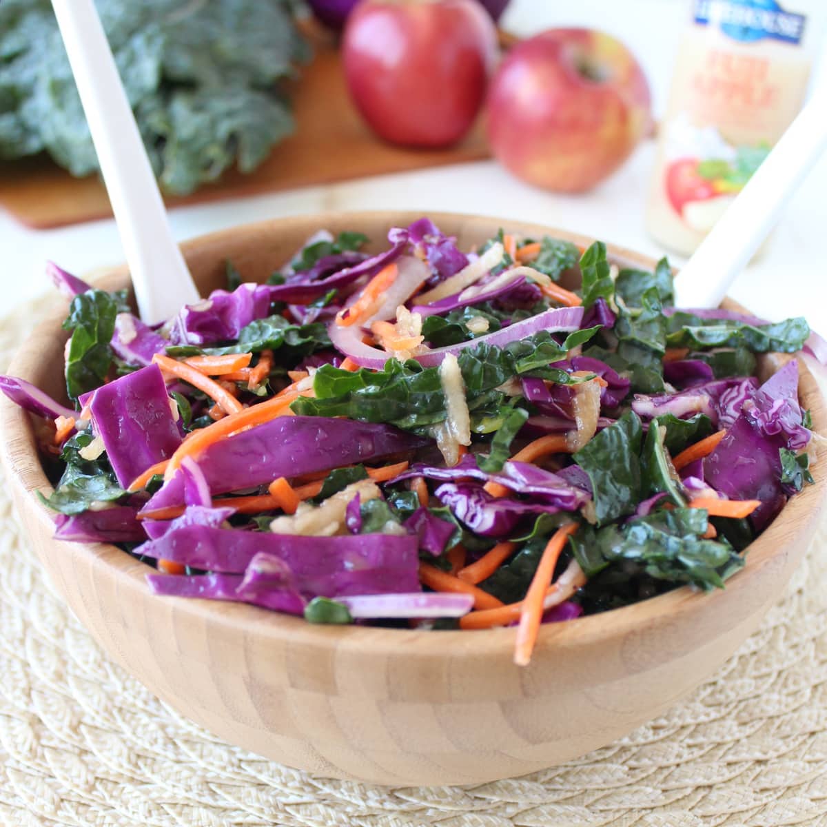 Kale Apple Slaw in a wood bowl