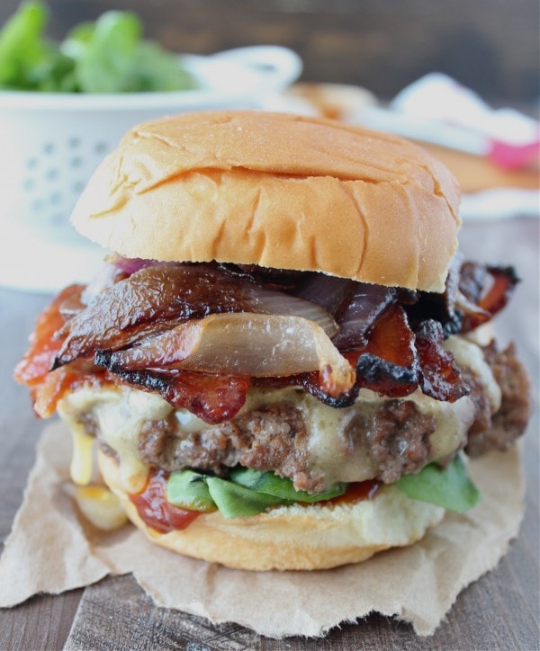 Sriracha Candied Bacon Caramelized Onion Brie Cheeseburgers