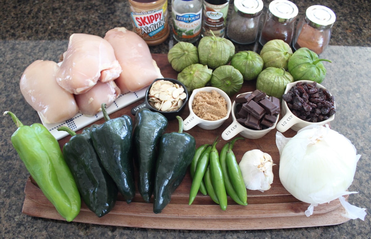 Slow Cooker Chicken Mole Ingredients on a wood board