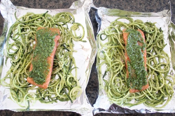 Pesto Baked Salmon with Zucchini Noodle Foil Dinner Recipe