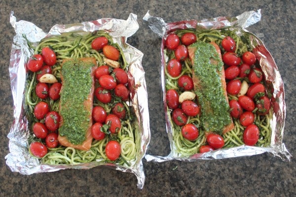 Pesto Baked Salmon with Cherry Tomatoes & Zucchini Noodle Foil Dinner Recipe