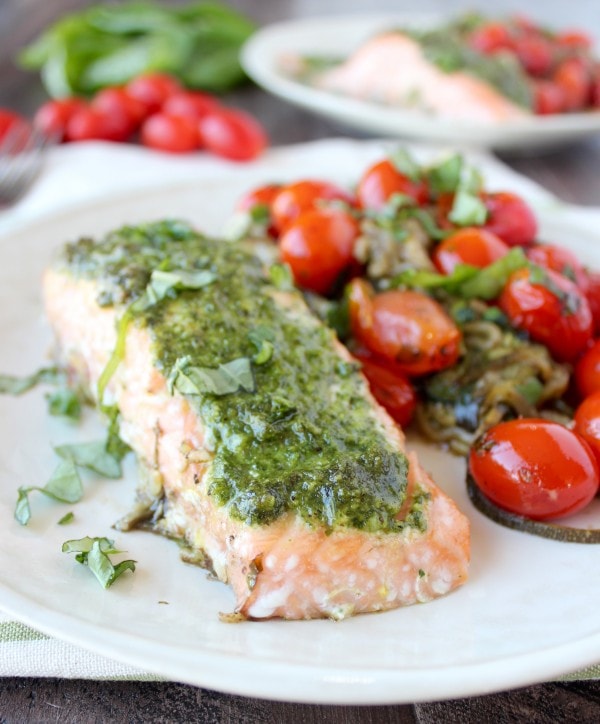 Pesto Baked Salmon with Cherry Tomatoes & Zucchini Noodle Foil Dinner Recipe