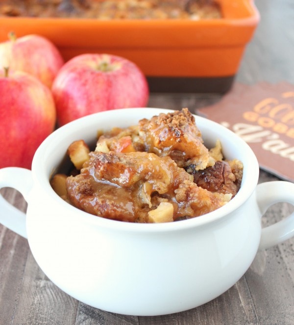 baked bread pudding in white serving bowl