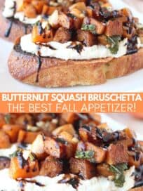 Roasted cubes of butternut squash on slices of bread with ricotta cheese