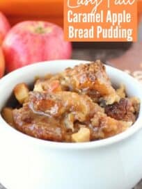 Apple bread pudding in white bowl with caramel syrup on top
