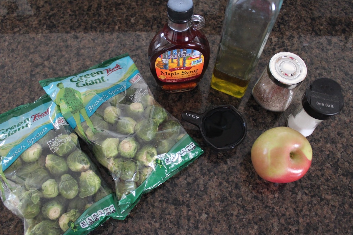 ingredients for maple roasted brussels sprouts on kitchen counter