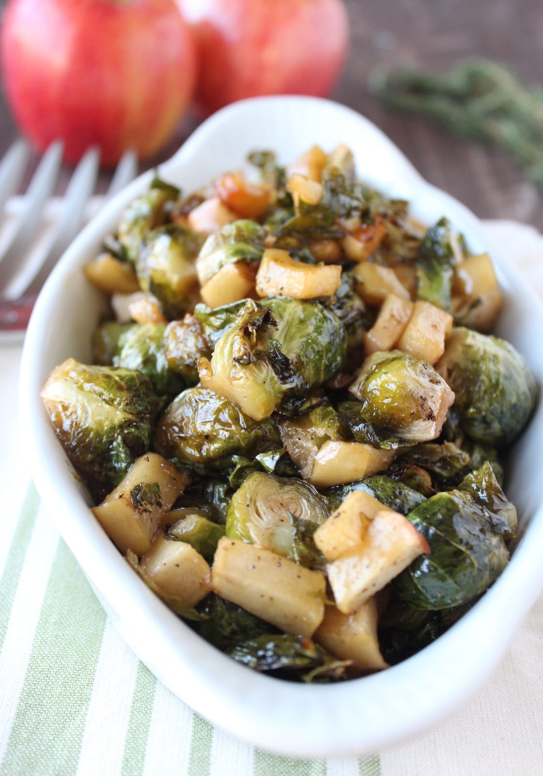 roasted brussels sprouts and apples in serving dish