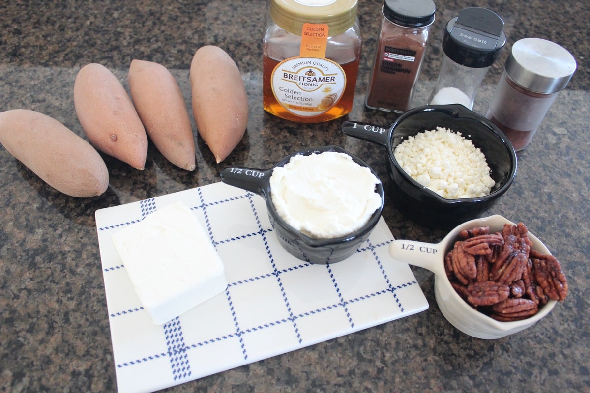 Baked Sweet Potato and Three Cheese Dip Ingredients on a granite countertop