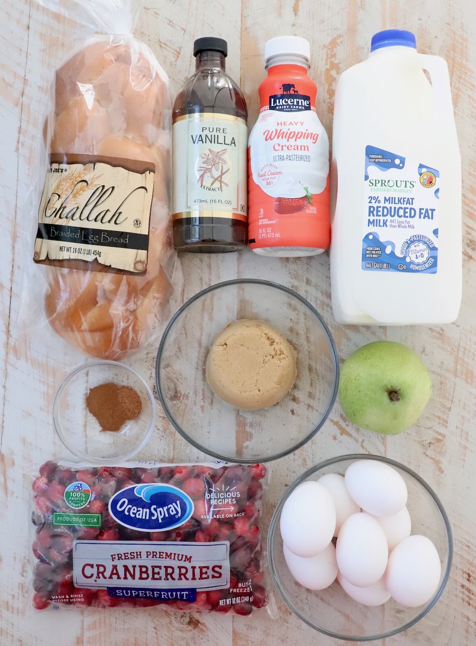 ingredients for french toast bake on a white wood board